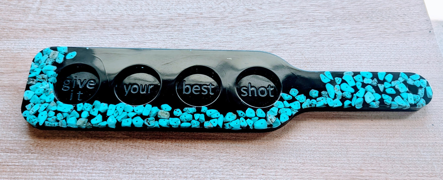 Western collection: Beautiful shot paddle made with turquoise and black resin back pour . Comes with shot glasses.